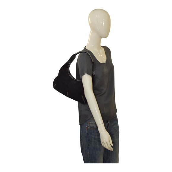 Salvatore Ferragamo Hobo Black Suede Shoulder Bag with white contrast stitching - Picture 2 of 14